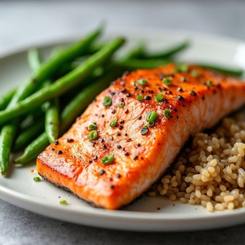 Seared Salmon with Garlic Green Beans and Brown Rice