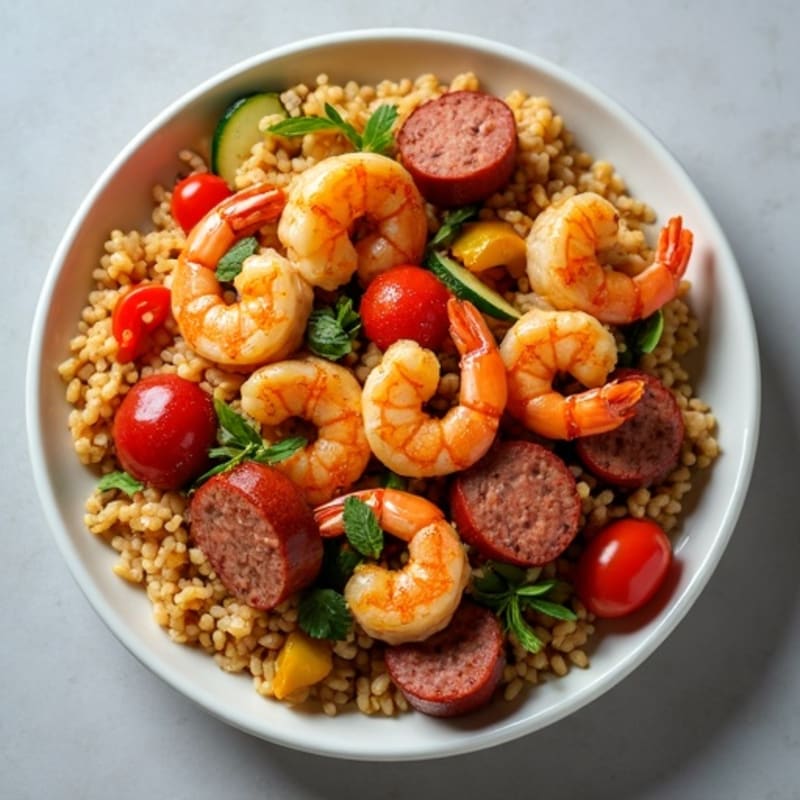 One-Pot Spicy Chicken, Shrimp, and Lean Sausage with Tender Rice and Fresh Vegetables