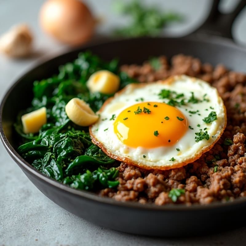 Savory Ground Beef Skillet with Scrambled Eggs and Fresh Spinach
