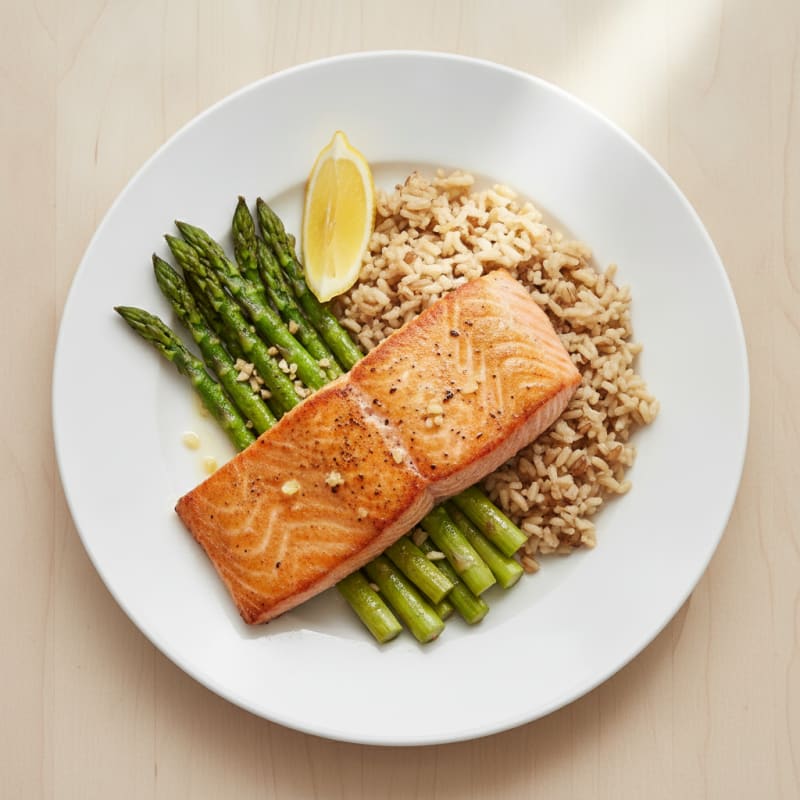 Seared Salmon with Garlic Asparagus and Brown Rice