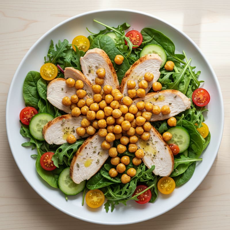 Grilled Turkey Breast Salad with Crunchy Chickpeas and Mixed Greens
