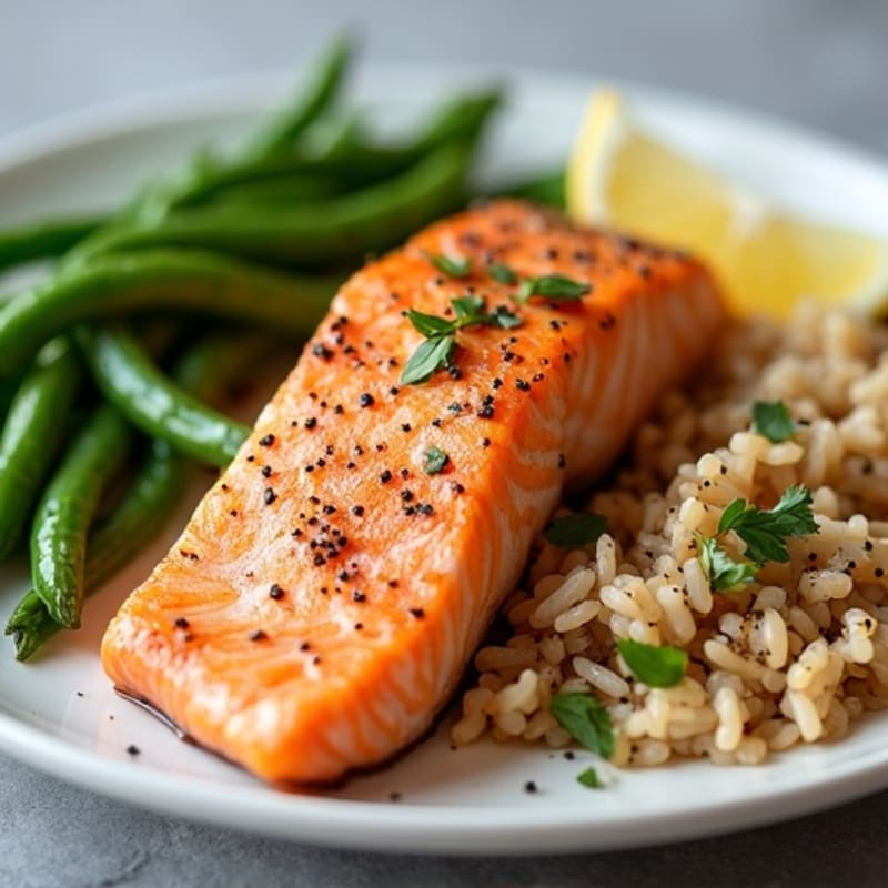 Seared Salmon with Garlic Green Beans and Brown Rice