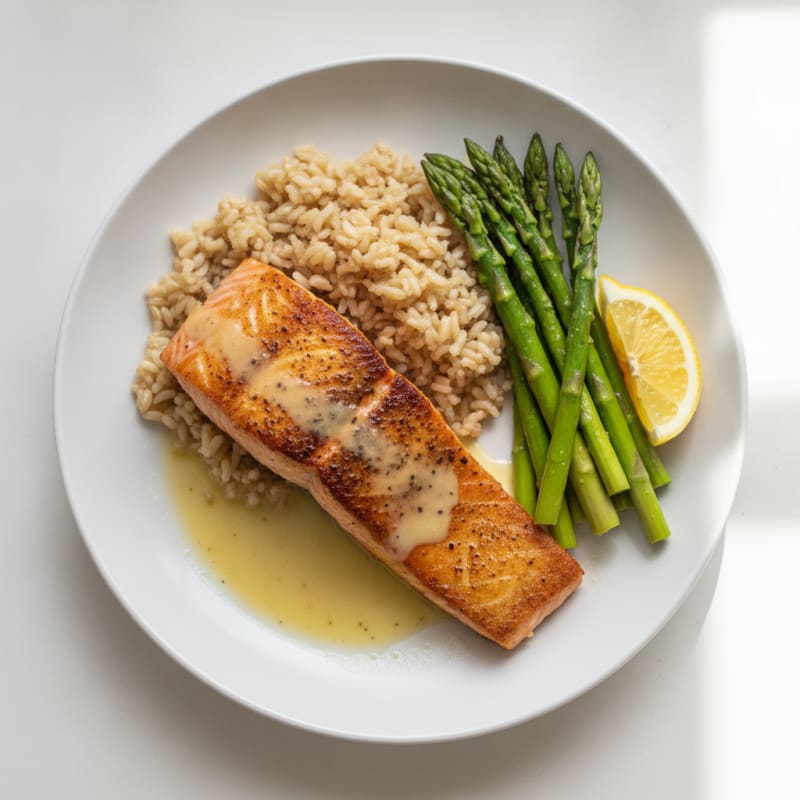 Pan-Seared Salmon with Steamed Asparagus and Brown Rice