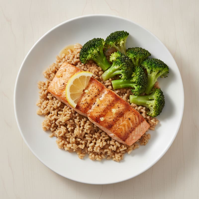 Seared Salmon with Steamed Broccoli and Garlic Brown Rice