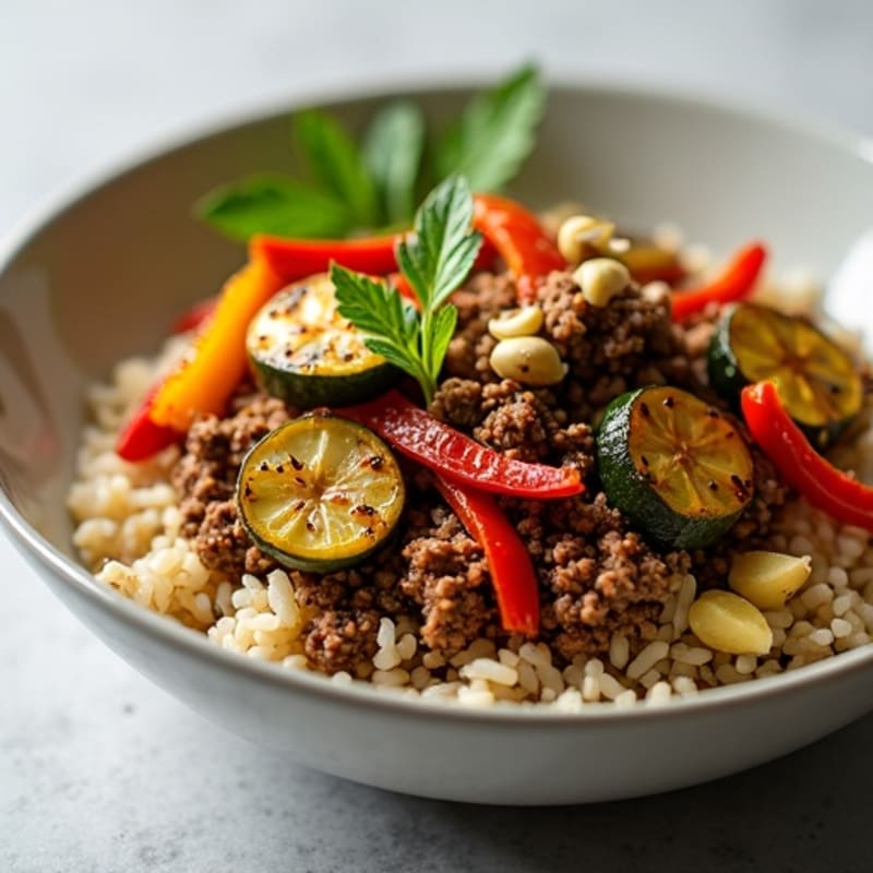 Crispy Ground Beef and Rice Bowl with Roasted Veggies