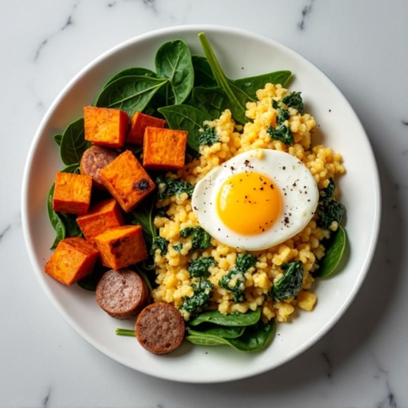Egg White and Turkey Sausage Scramble with Spinach and Roasted Sweet Potato