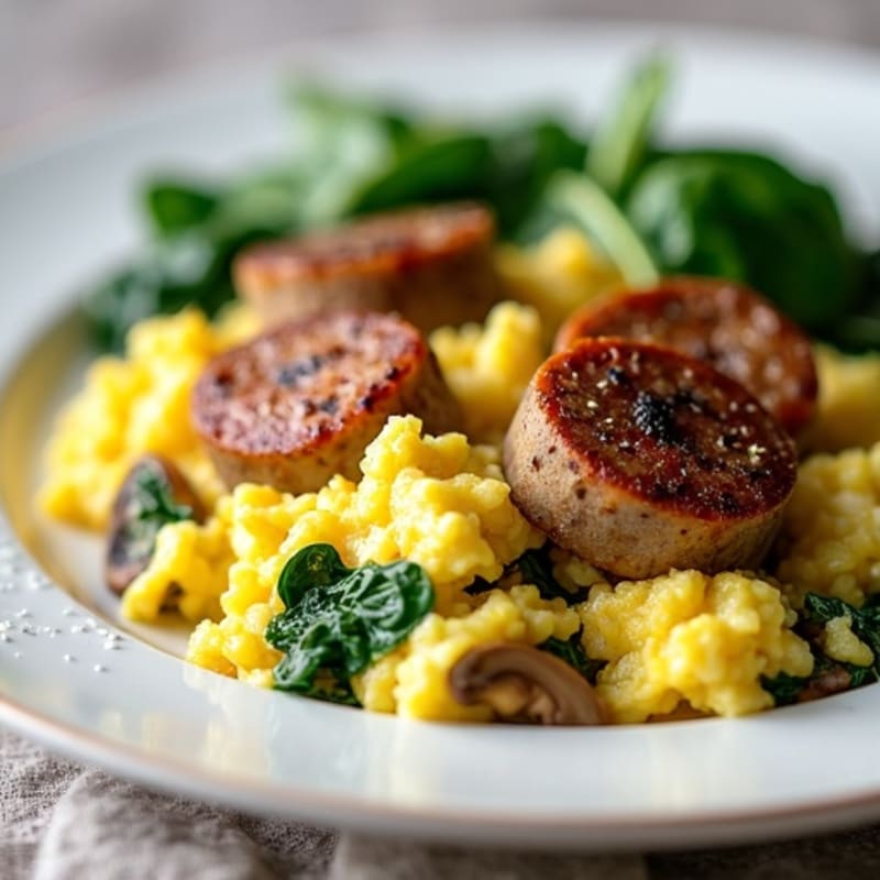 Egg White and Turkey Sausage Scramble with Spinach and Mushrooms