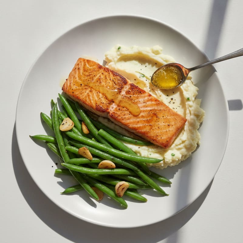 Seared Salmon with Garlic Green Beans and Mashed Cauliflower