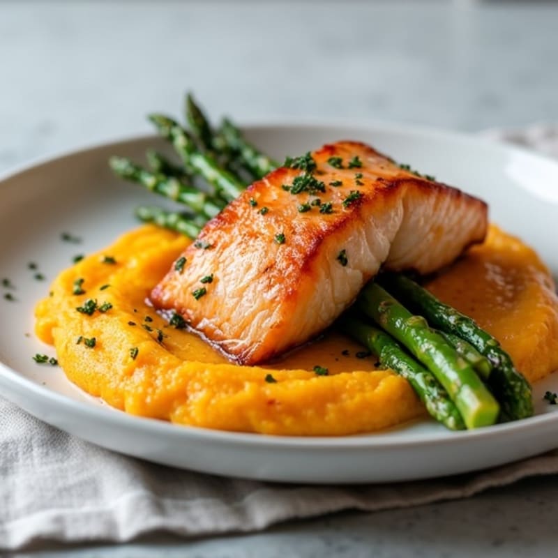Seared Salmon with Roasted Asparagus and Sweet Potato Mash