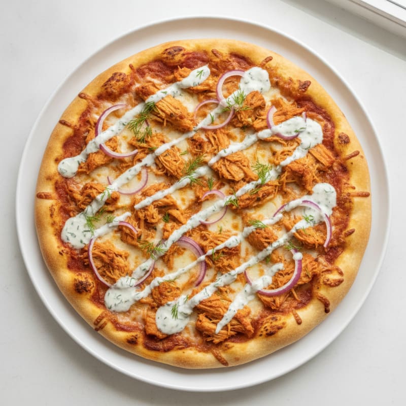 Buffalo Chicken Pizza with Ranch Drizzle