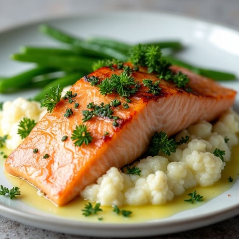 Seared Salmon with Creamy Herb Cauliflower Mash and Steamed Green Beans