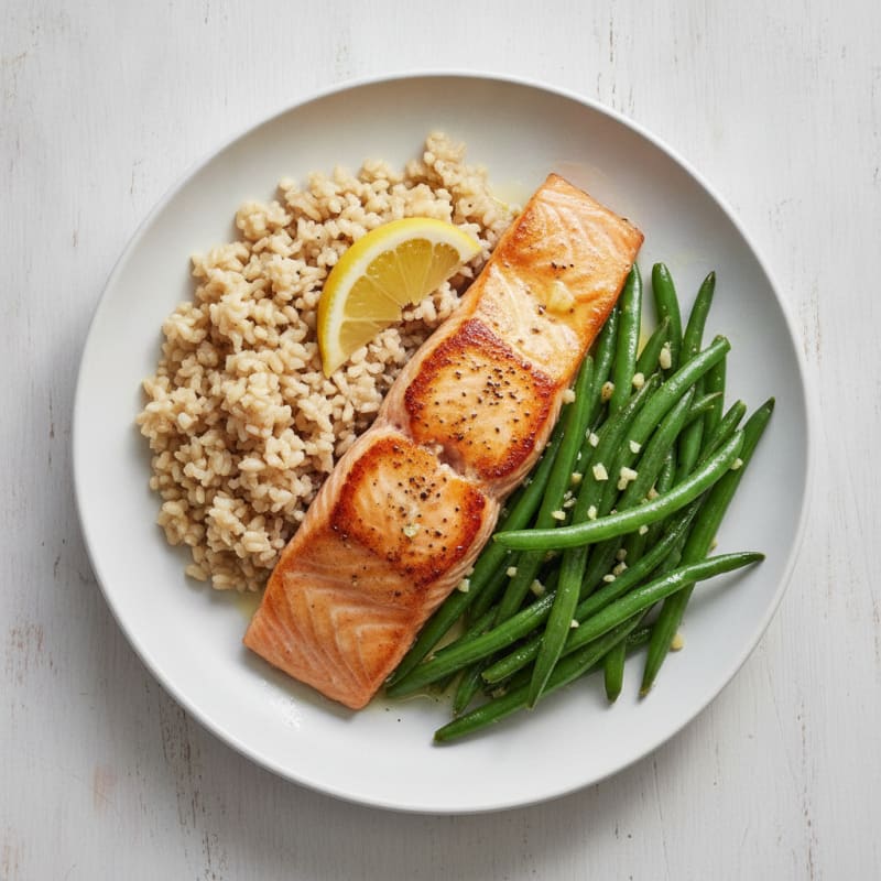 Seared Salmon with Garlic Green Beans and Brown Rice