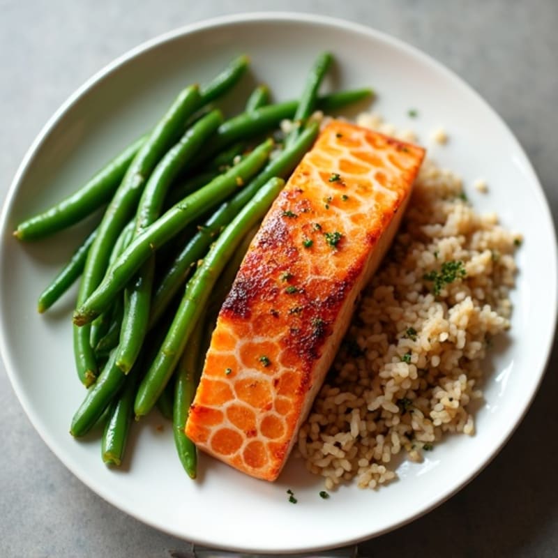 Seared Salmon with Garlic Green Beans and Brown Rice