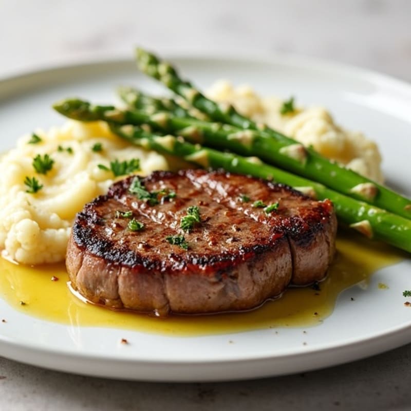 Seared Lean Beef Steak with Steamed Asparagus and Cauliflower Mash