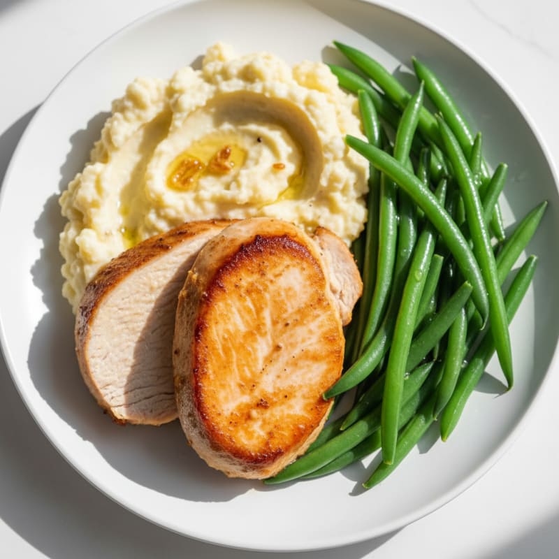 Seared Turkey Breast with Steamed Green Beans and Cauliflower Mash