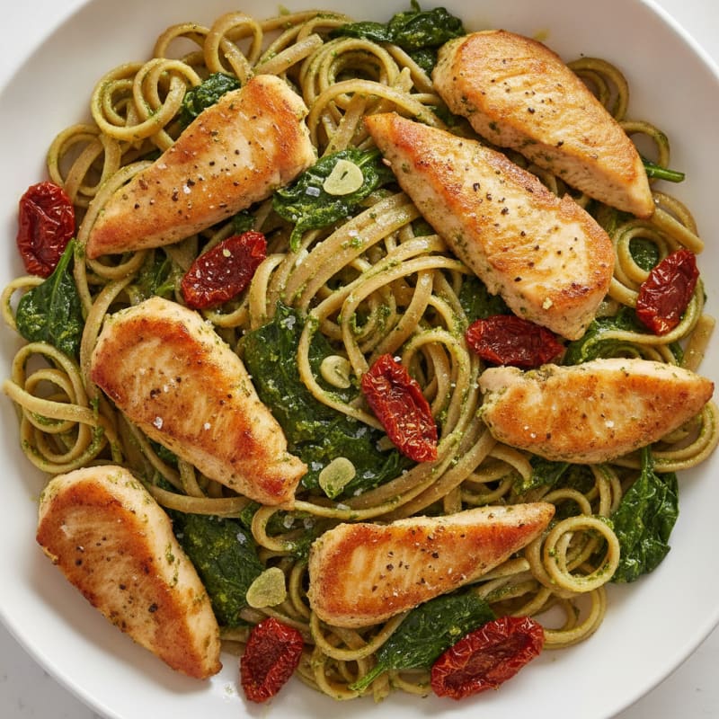 Pesto Chicken Linguine with Sun-Dried Tomatoes