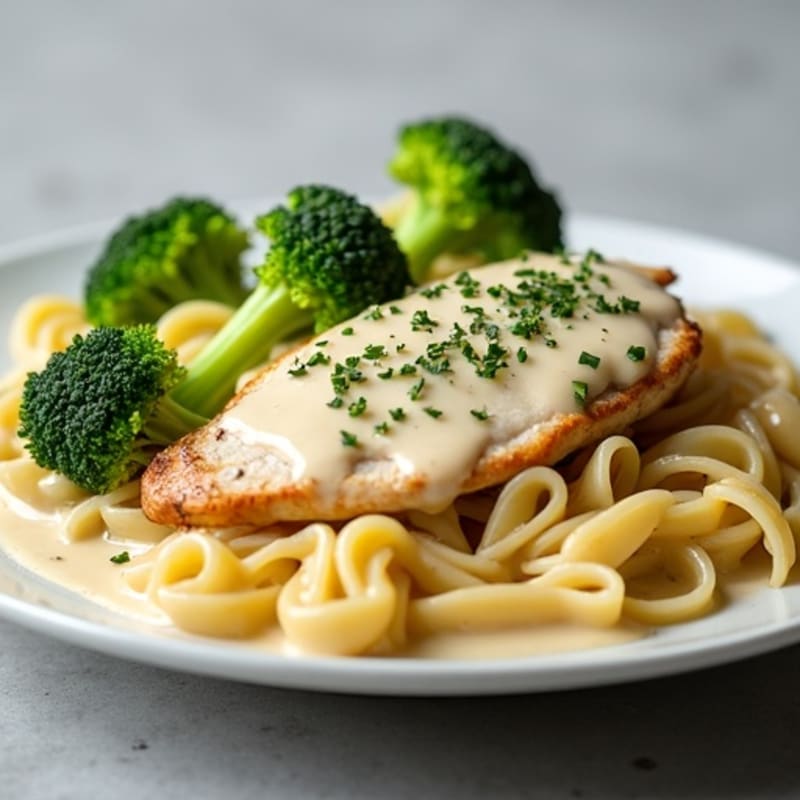 Lighter Creamy Chicken Alfredo Pasta with Roasted Broccoli