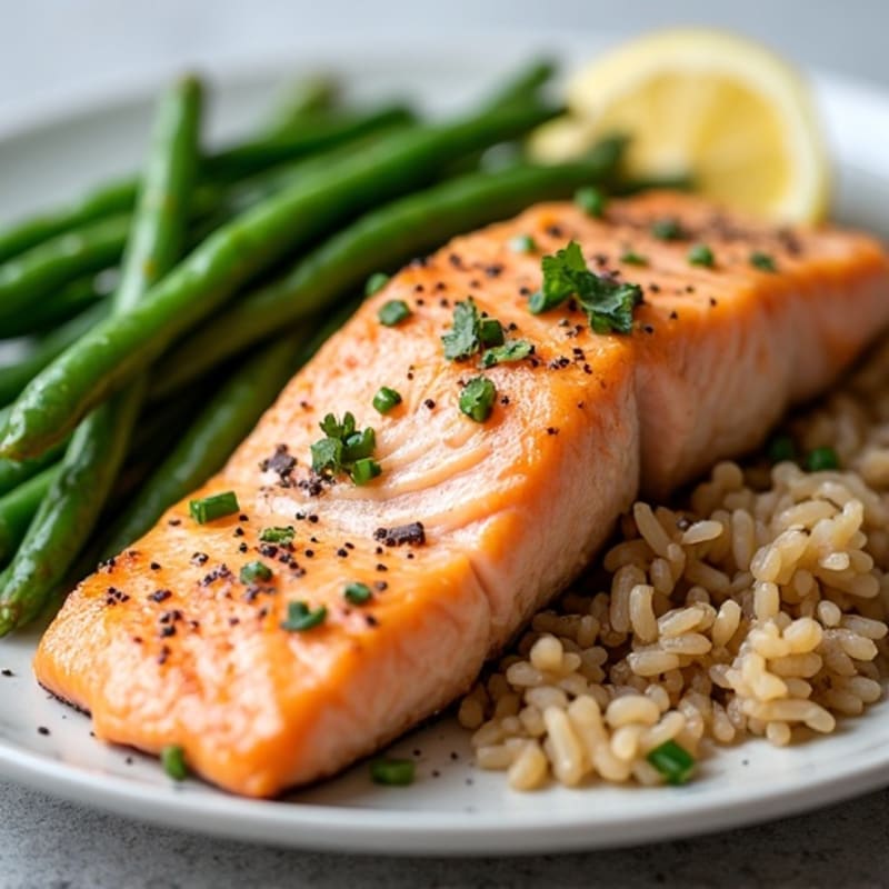 Seared Salmon Fillet with Garlic Green Beans and Brown Rice
