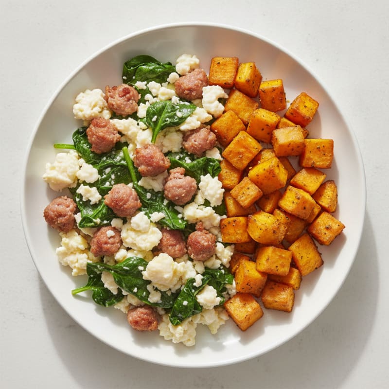 Egg White and Turkey Sausage Scramble with Spinach and Roasted Sweet Potato
