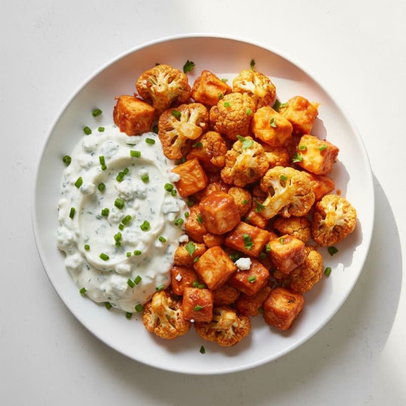 Buffalo Cauliflower Bites with High-Protein Blue Cheese Dip