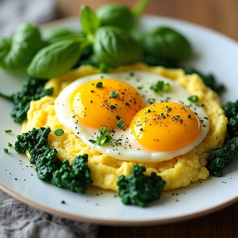 Fluffy Scrambled Eggs with Sautéed Spinach and Herbs