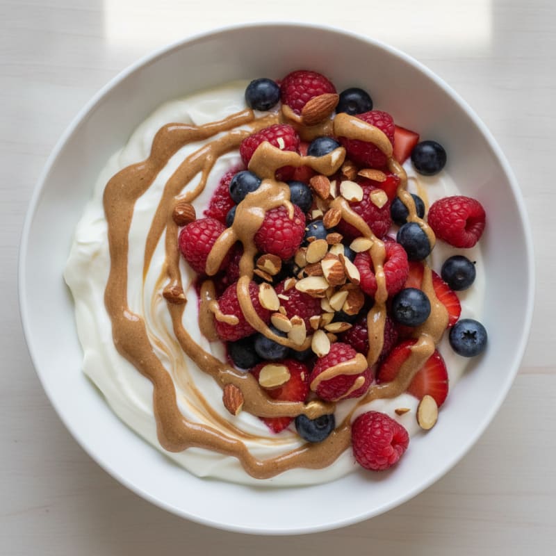 Greek Yogurt Protein Parfait with Mixed Berries and Almond Butter