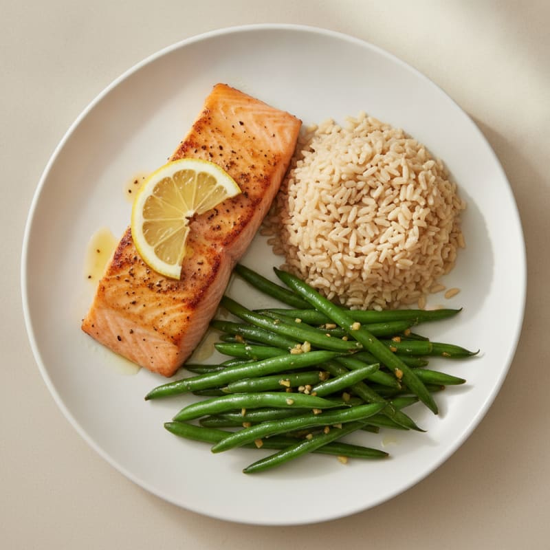 Seared Salmon Fillet with Garlic Green Beans and Brown Rice