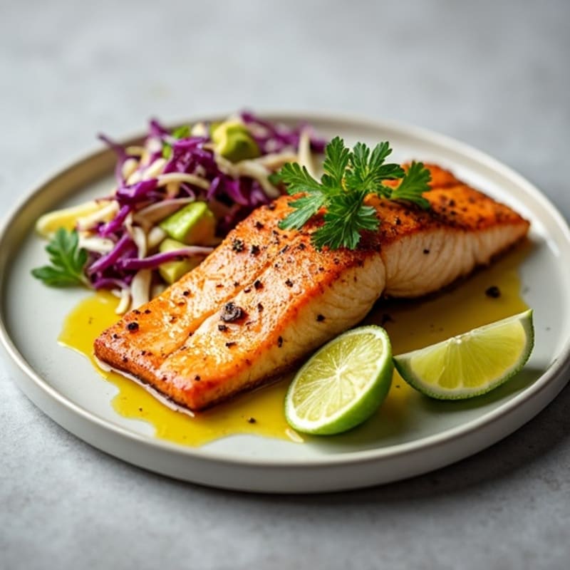 Crispy Pan-Seared Salmon with Creamy Avocado-Lime Slaw