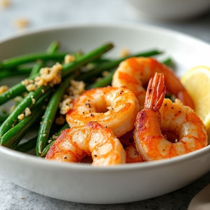 Lemon Garlic Roasted Shrimp with Crispy Green Beans