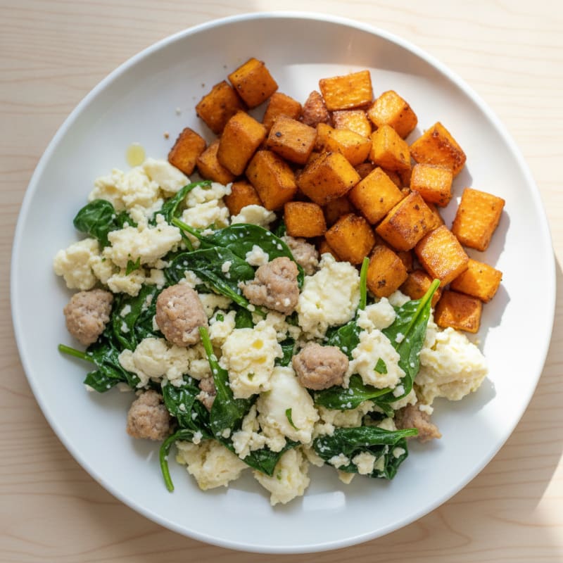 Egg White and Turkey Sausage Scramble with Spinach and Roasted Sweet Potato