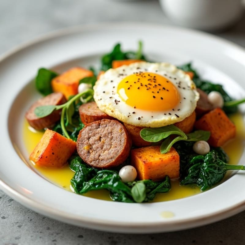 Egg White and Turkey Sausage Scramble with Spinach and Roasted Sweet Potatoes