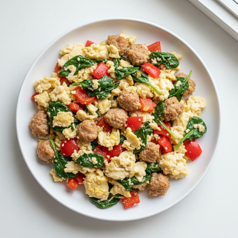Egg White and Turkey Sausage Scramble with Spinach and Bell Peppers