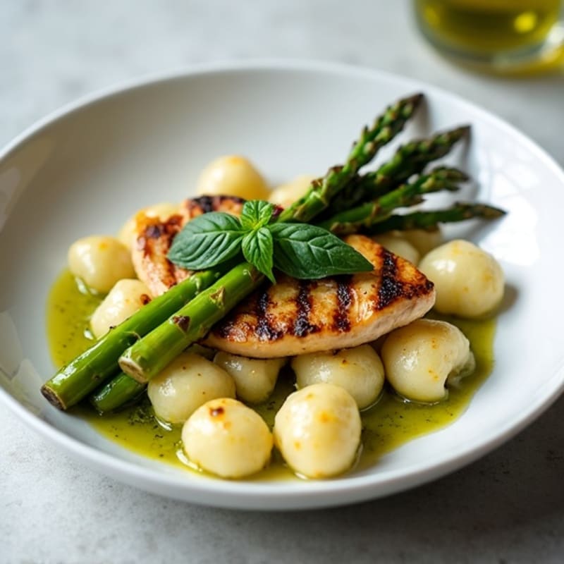 Cauliflower Gnocchi with Chicken, Roasted Asparagus, and Fresh Basil Pesto