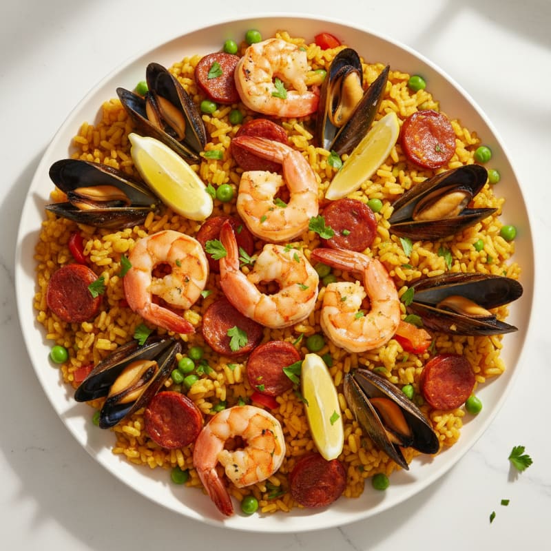 Golden Saffron Seafood Paella with Chorizo