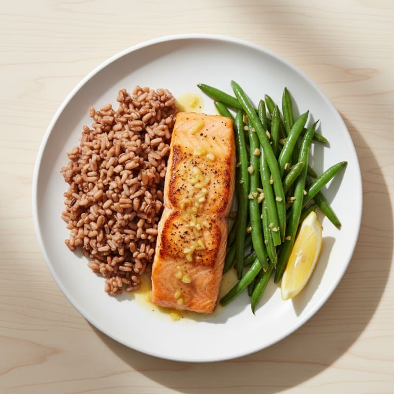 Seared Salmon Fillet with Garlic Green Beans and Brown Rice