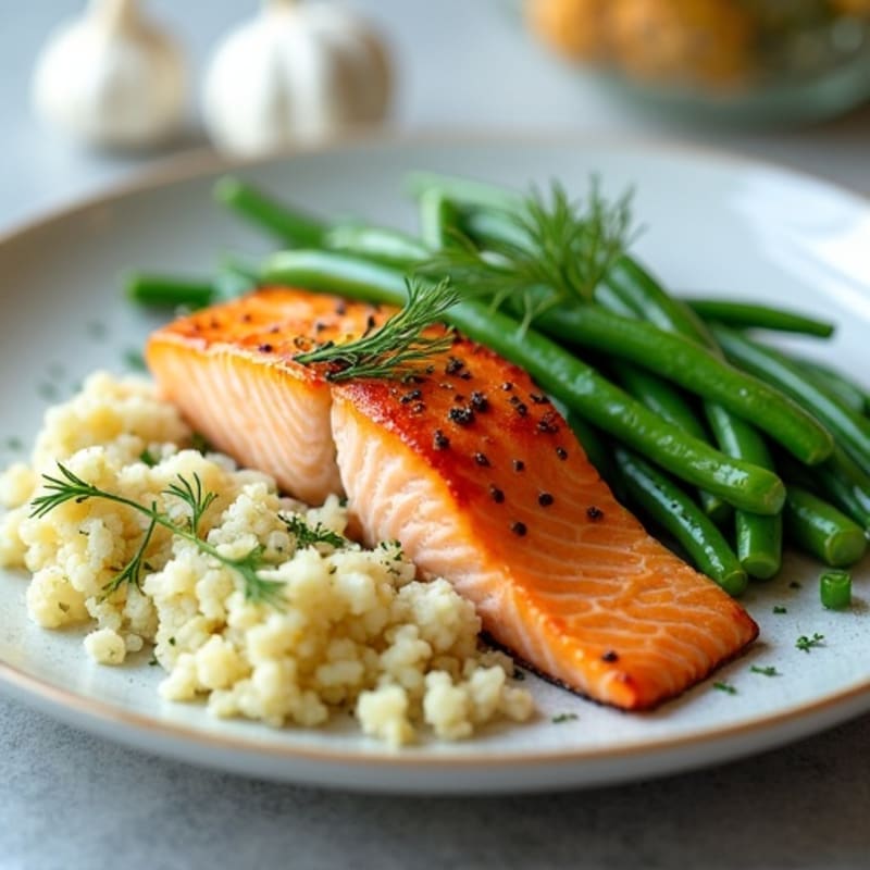 Seared Salmon with Steamed Green Beans and Herbed Cauliflower Rice