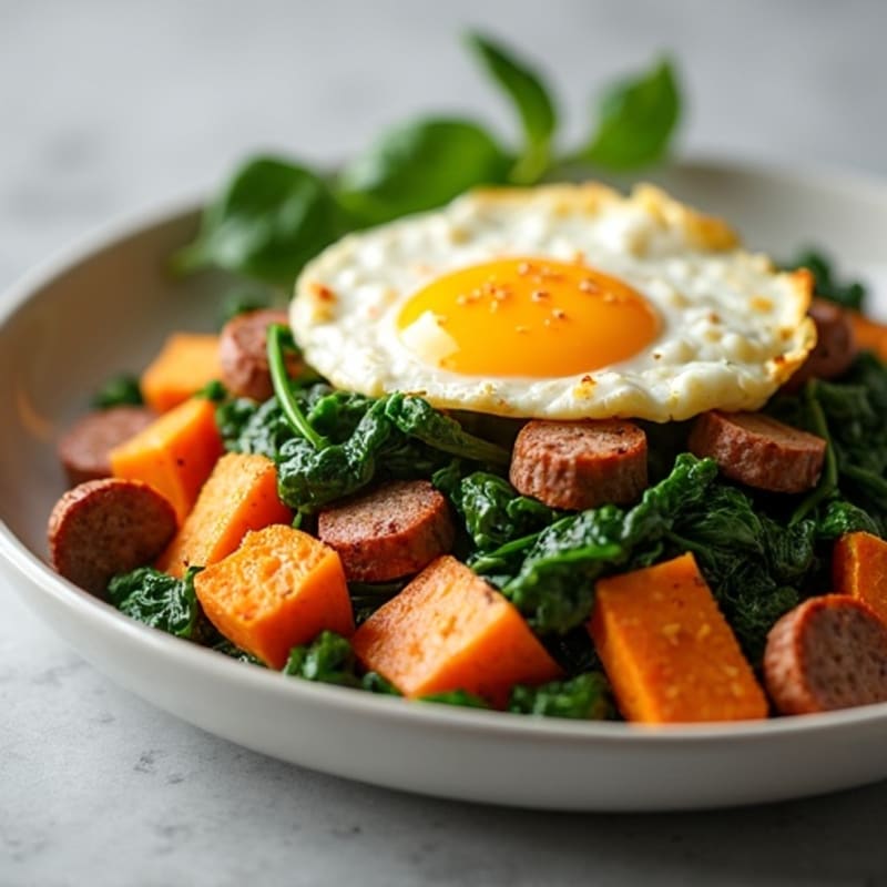 Egg White and Turkey Sausage Scramble with Spinach and Roasted Sweet Potato