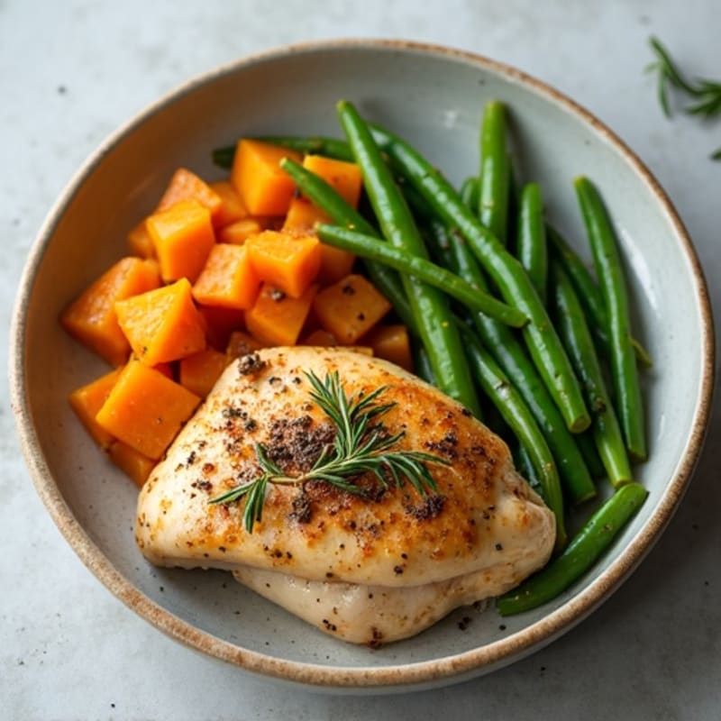 Herb-Roasted Chicken with Sweet Potato and Garlic Green Beans
