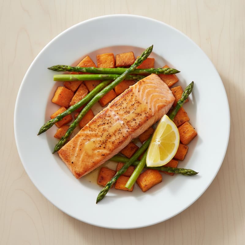 Seared Salmon Fillet with Roasted Sweet Potato and Asparagus