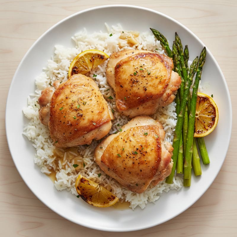 Baked Chicken Thighs with Garlic Rice and Roasted Asparagus