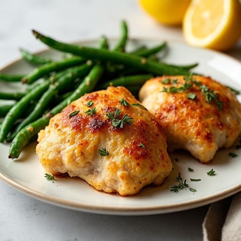 Crispy Lemon Herb Roasted Chicken Thighs with Roasted Green Beans