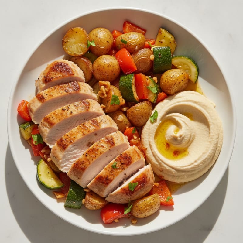Seared Turkey Breast with Garlic Roasted Vegetables and Hummus