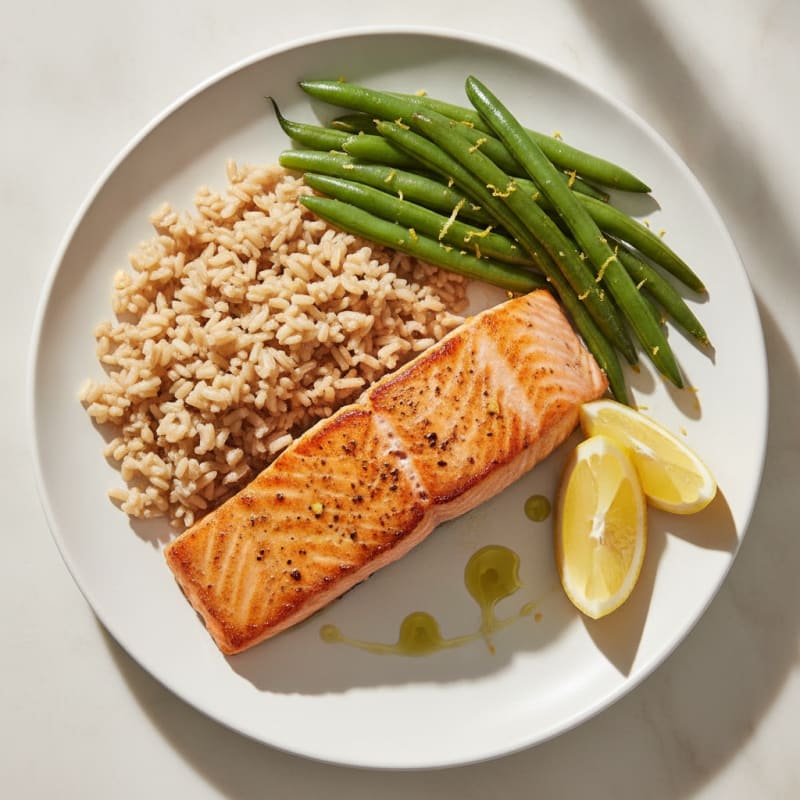 Seared Salmon Fillet with Steamed Green Beans and Brown Rice
