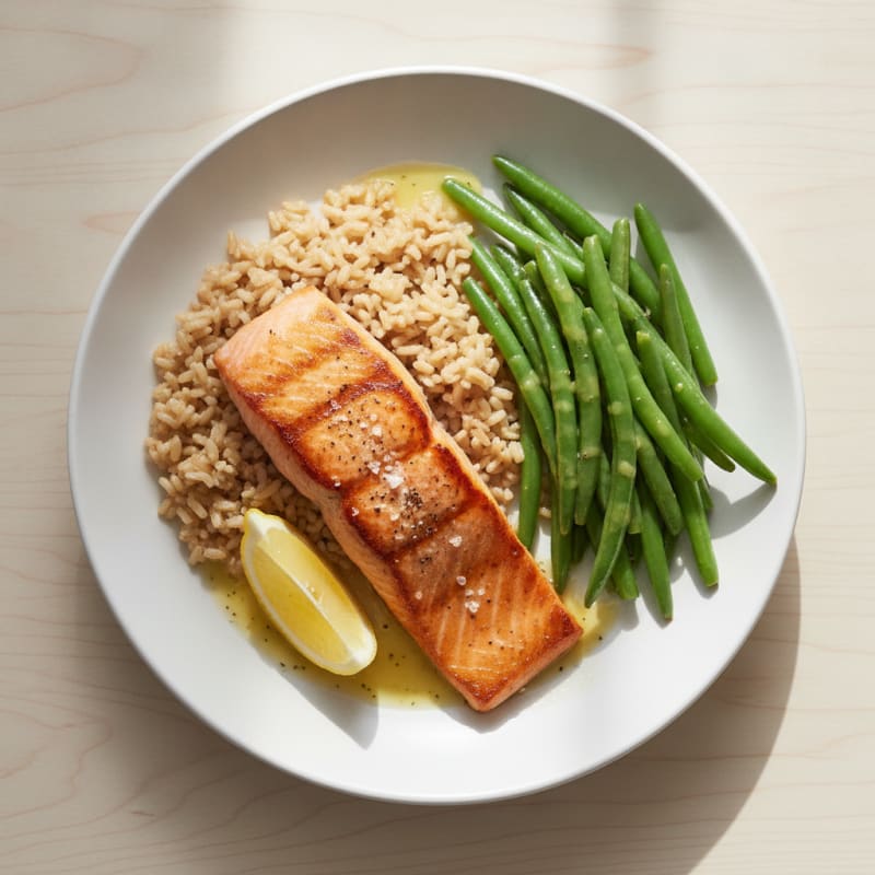 Seared Salmon Filet with Steamed Green Beans and Brown Rice