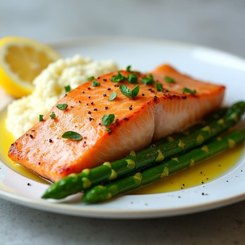 Seared Salmon with Steamed Asparagus and Cauliflower Mash