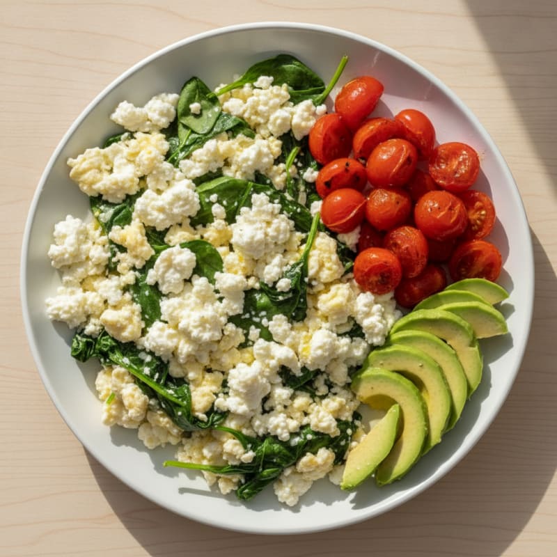 Egg White Spinach Scramble with Cottage Cheese and Cherry Tomatoes