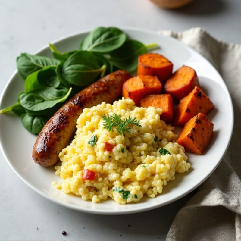 Egg White and Turkey Sausage Scramble with Spinach and Roasted Sweet Potatoes