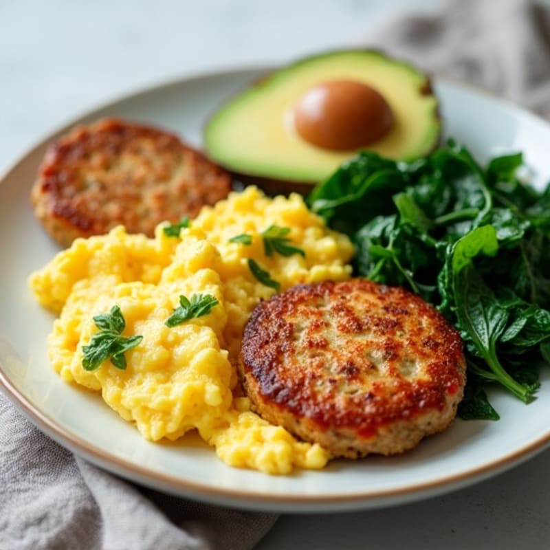 Creamy Scrambled Eggs with Sautéed Spinach and Turkey Sausage