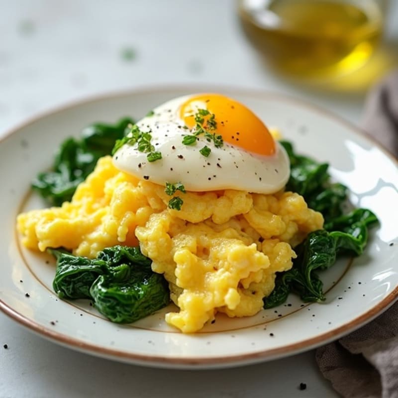Creamy Scrambled Eggs with Cottage Cheese and Sautéed Spinach