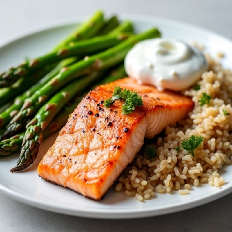 Seared Salmon Fillet with Steamed Asparagus and Brown Rice